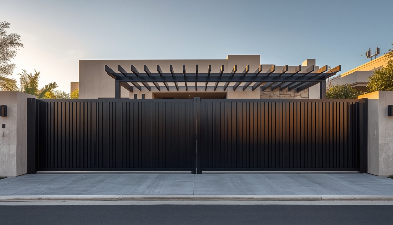 Portón de herrería moderno y pérgola metálica